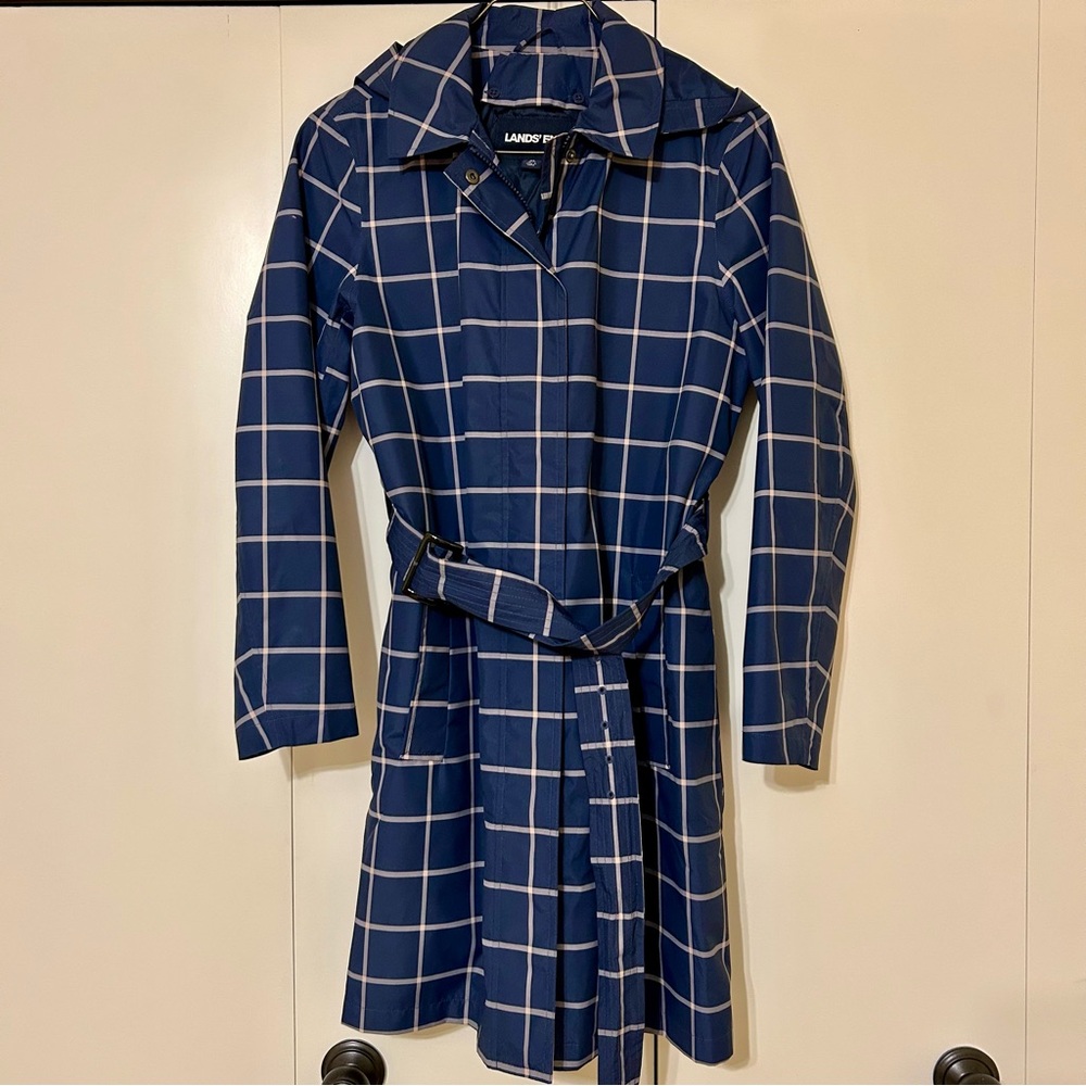 Navy blue windowpane raincoat trench Lands End size M